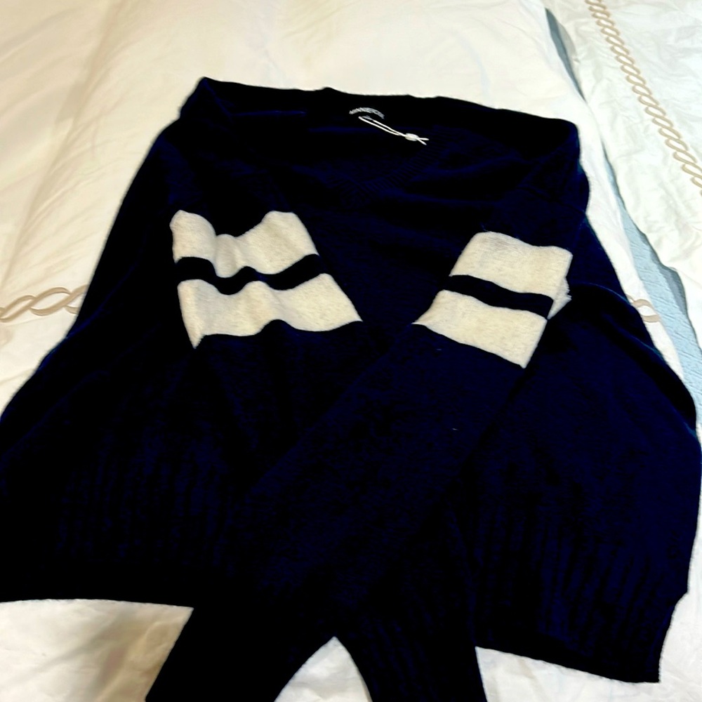 Brand new navy Minnie rose v neck sweater withh white stripes on the sleeve